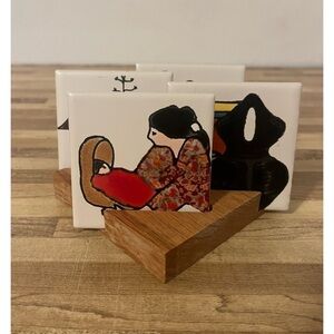 Hand Painted Art Tile Coasters Glazed Trivet With Wood Holder